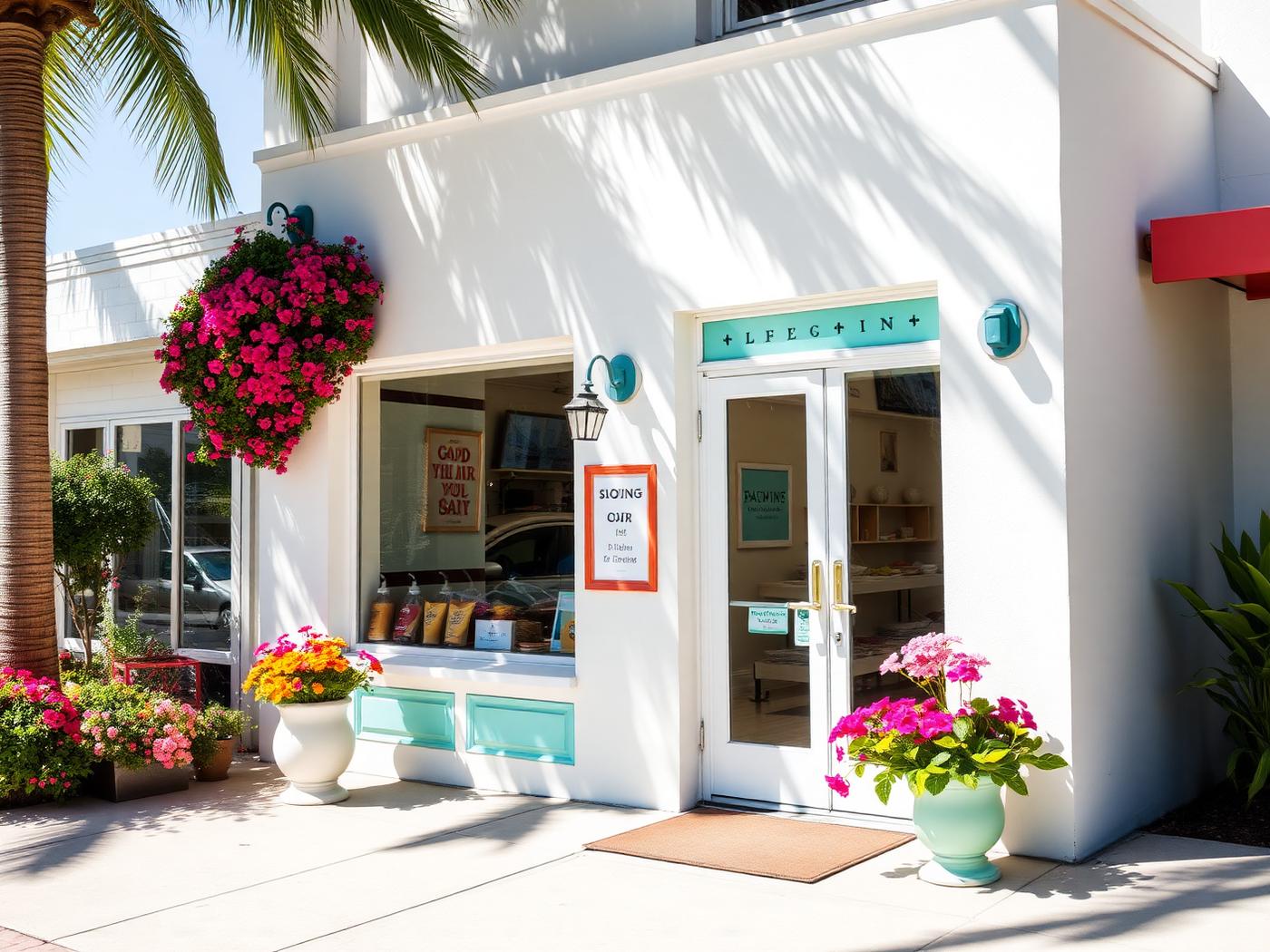 Bright South Florida small business storefront with flowers